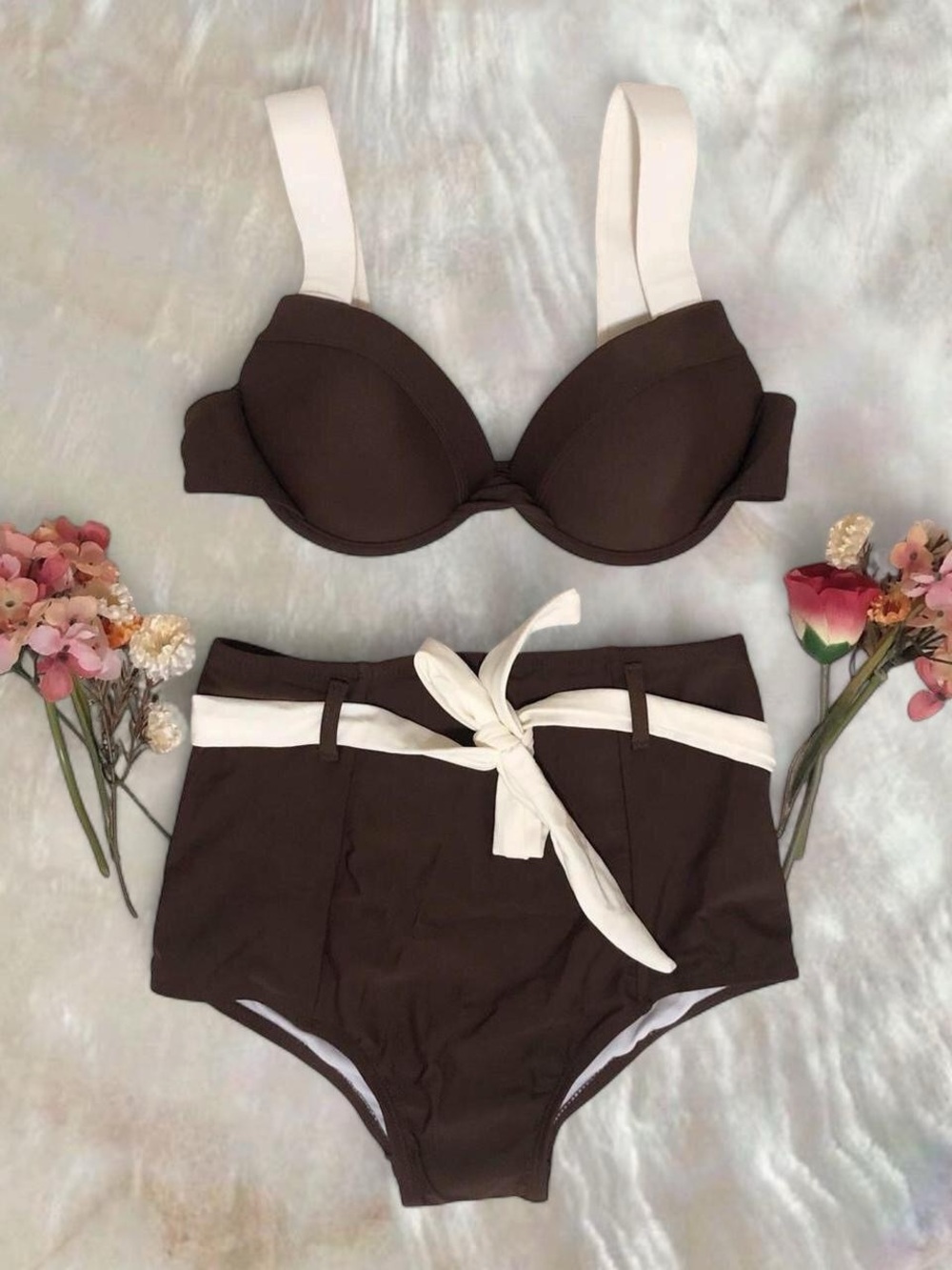 Vintage Style Brown White High Waist Bikini Swim Suit Set